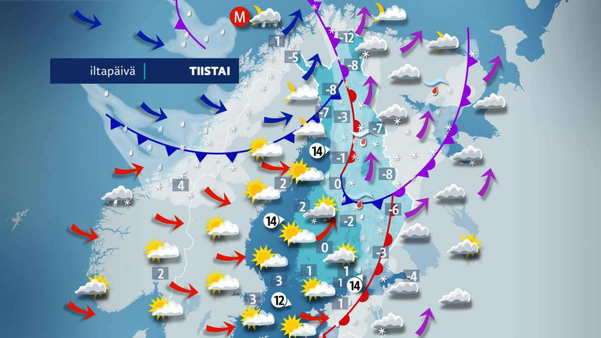 Tiistai iltapäivän sääkartta