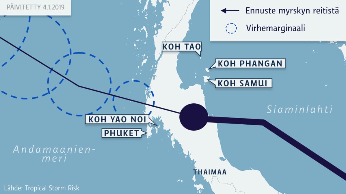 Kartta: Pabuk-myrskyn reitti Thaimaan saaret - päivitetty