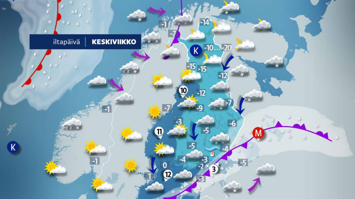Keskiviikkoiltapäivän sääkartta