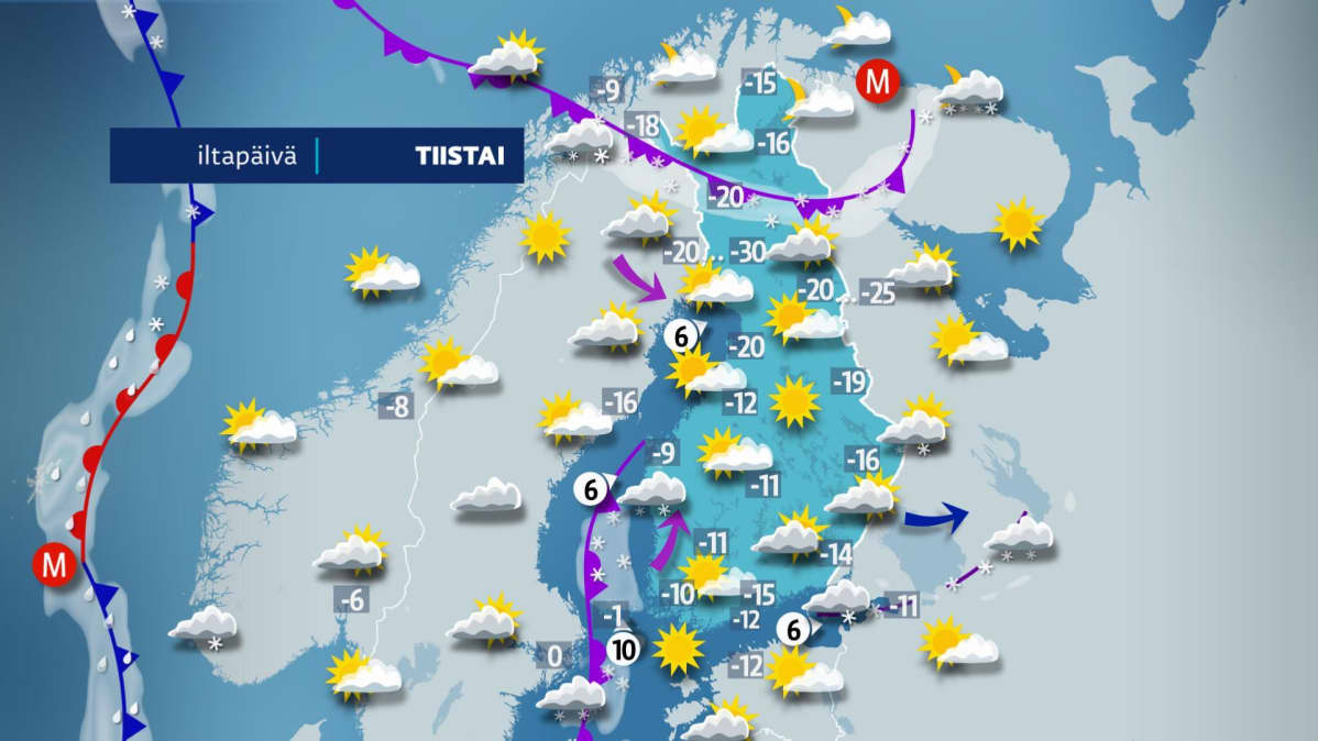 Tiistai-iltapäivän sääkartta