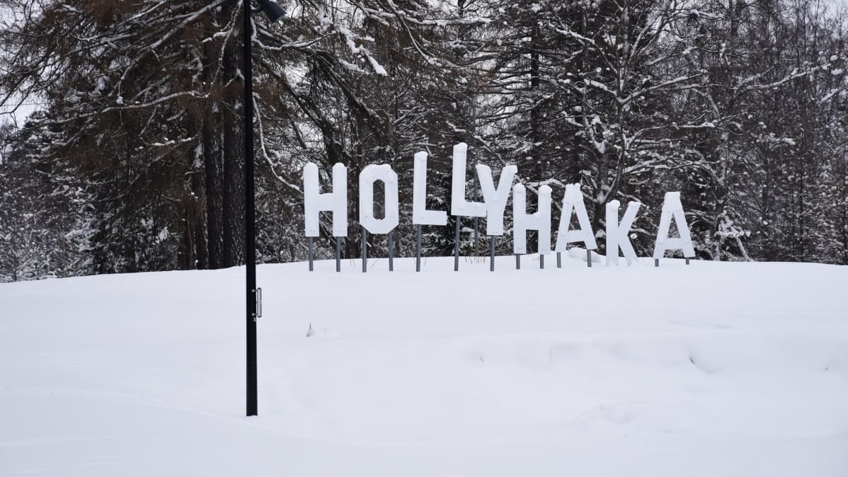Kuvassa Hollyhaka-kyltti lumessa