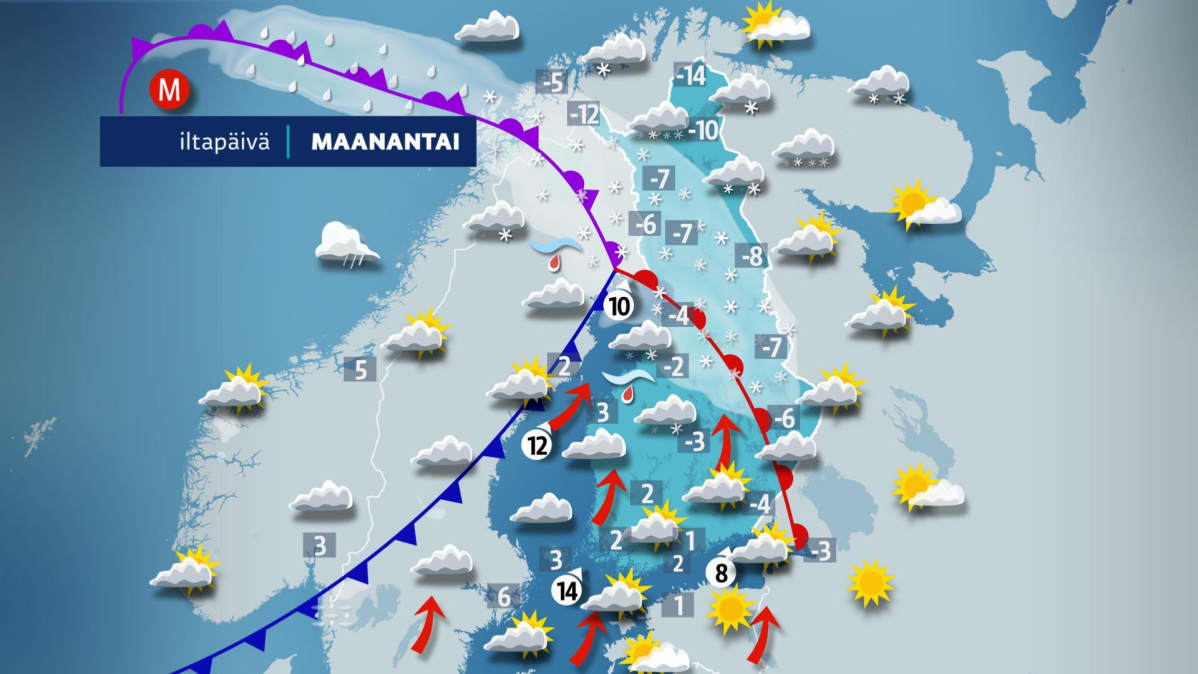 Maanantai iltapäivän sääkartta.