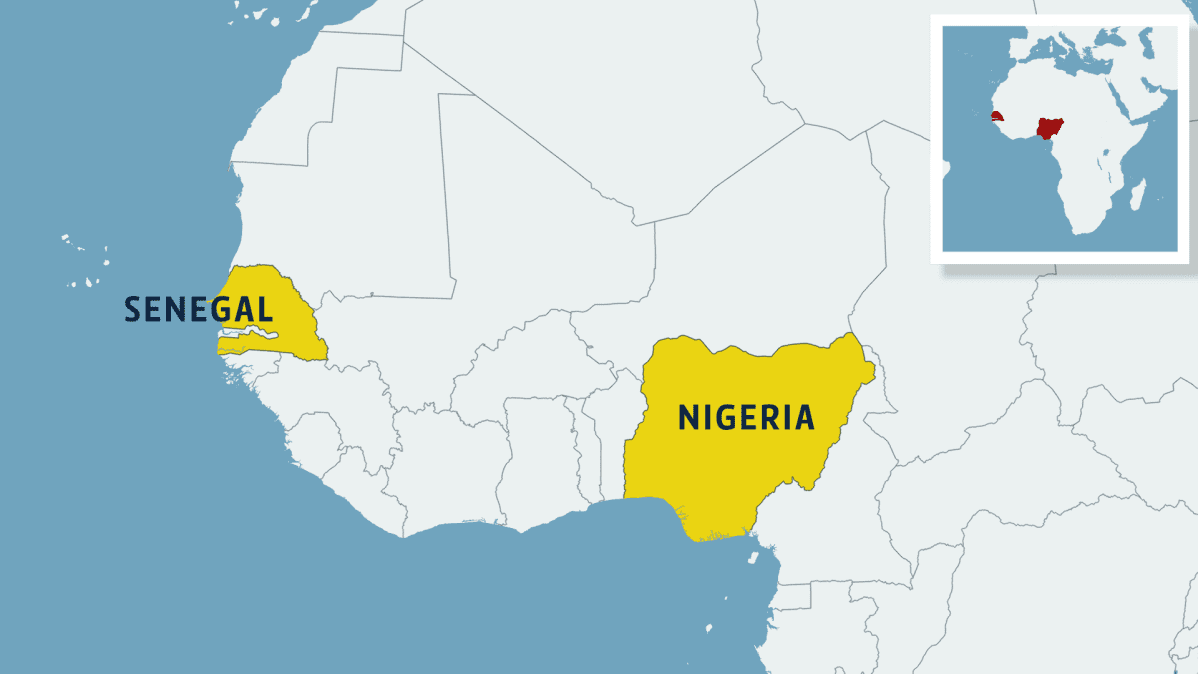 Kartta, jossa näkyy Senegal ja Nigeria Länsi-Afrikassa