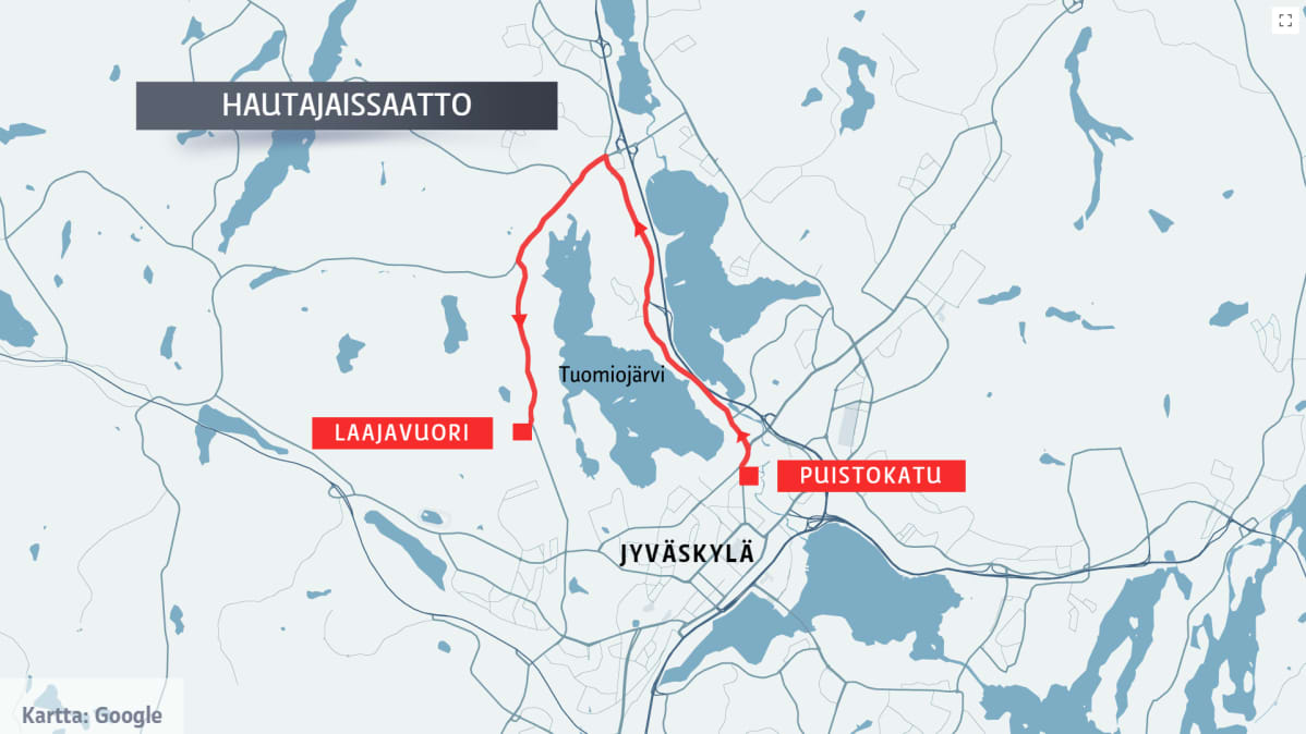 Matti Nykäsen hautajaissaattueen reitti.