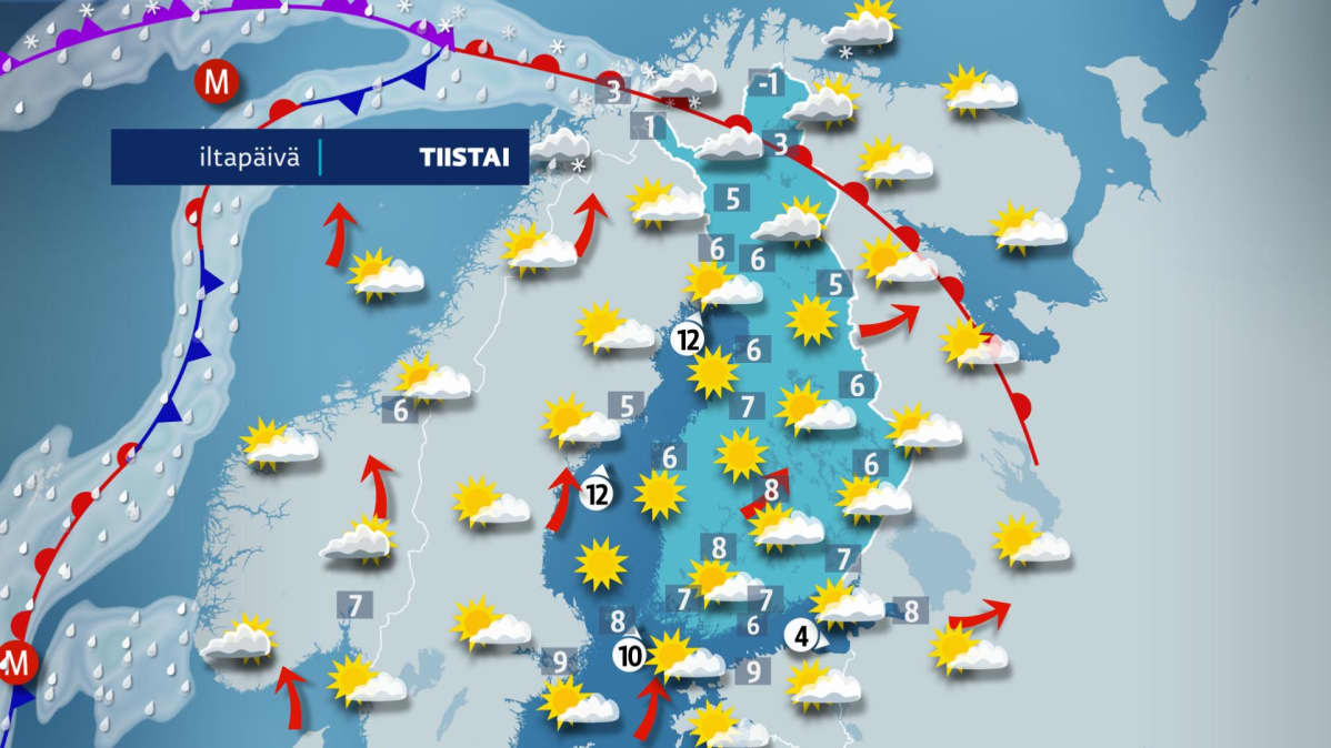 Sääennuste tiistaille 2. huhtikuuta.