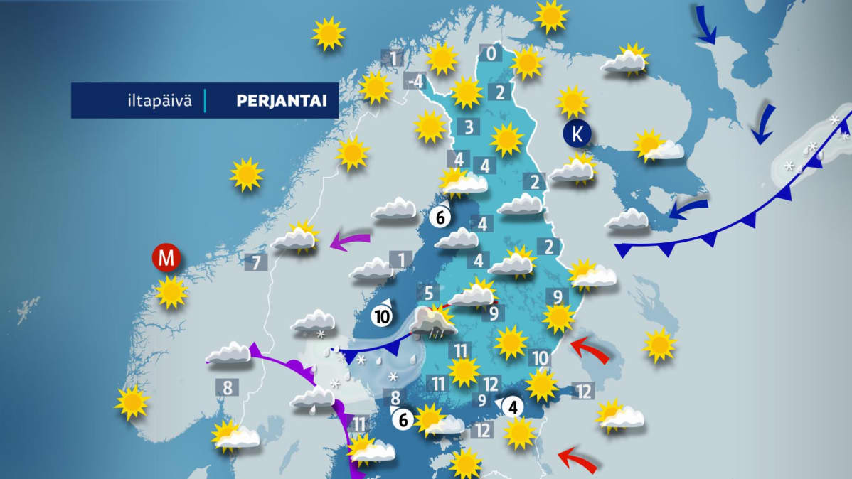 Sääennuste perjantaille 5. huhtikuuta.