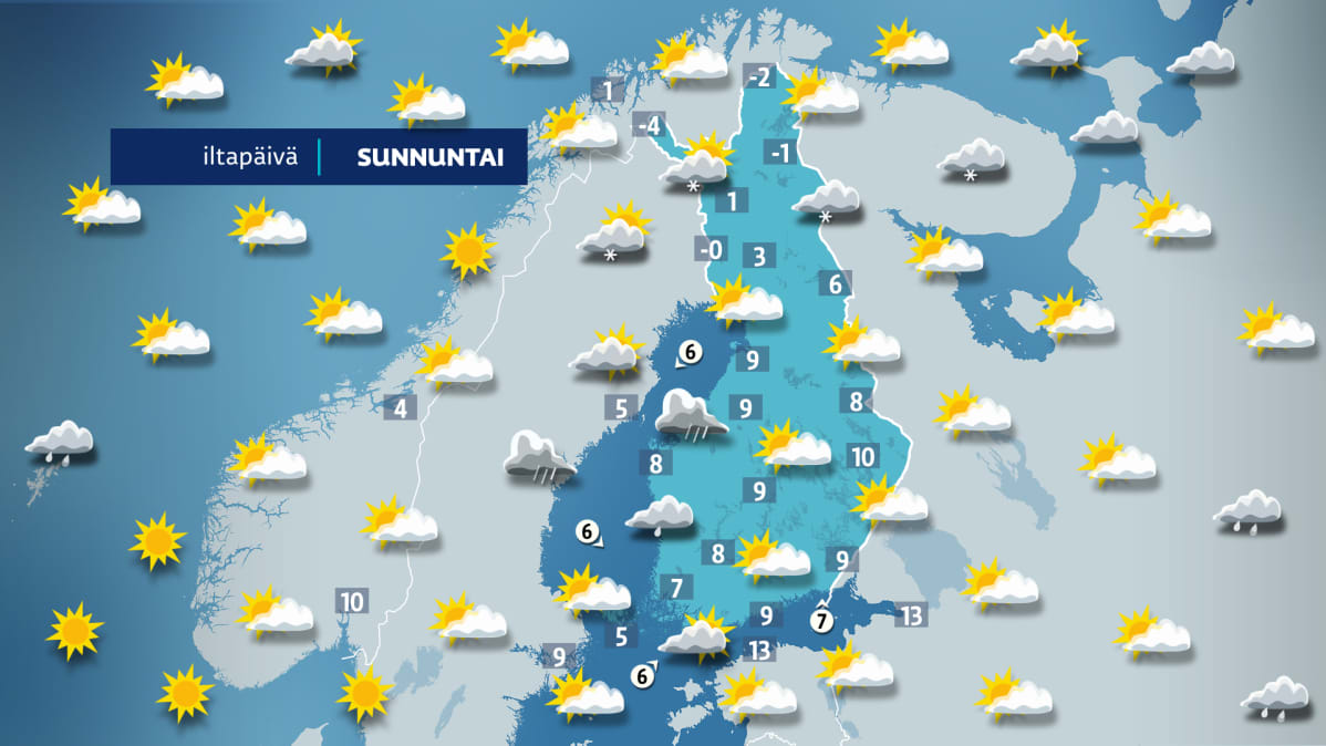 Sääennuste sunnuntaille 7. huhtikuuta.