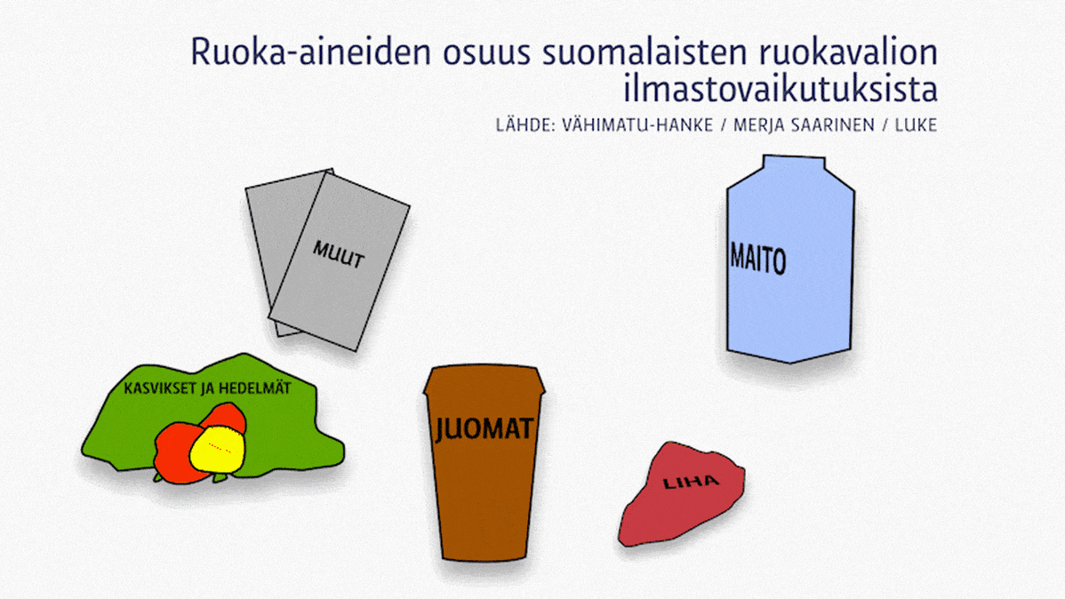 Ruoka-aineiden osuus suomalaisten ruokavalion ilmastovaikutuksista.