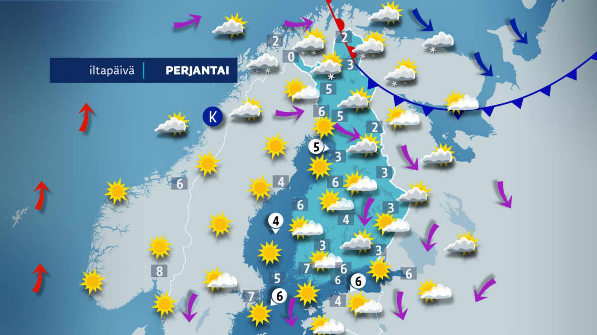 Sääennuste perjantaille 12. huhtikuuta.