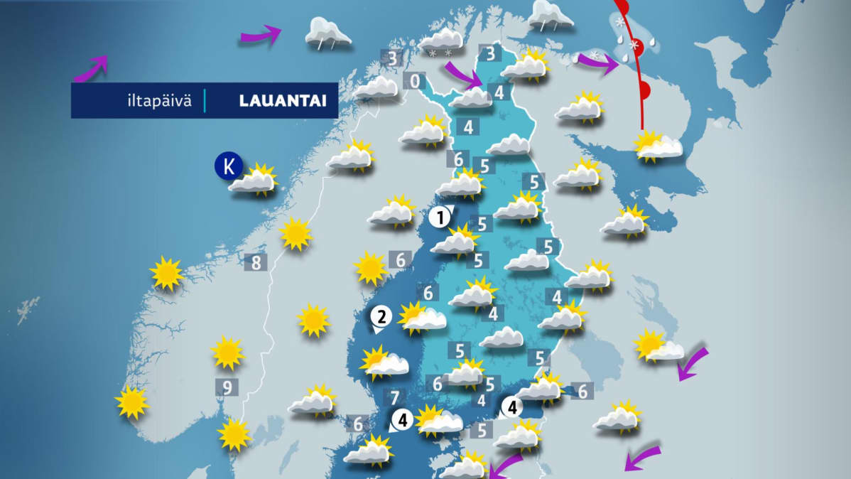 Sääennuste lauantaille 13. huhtikuuta.