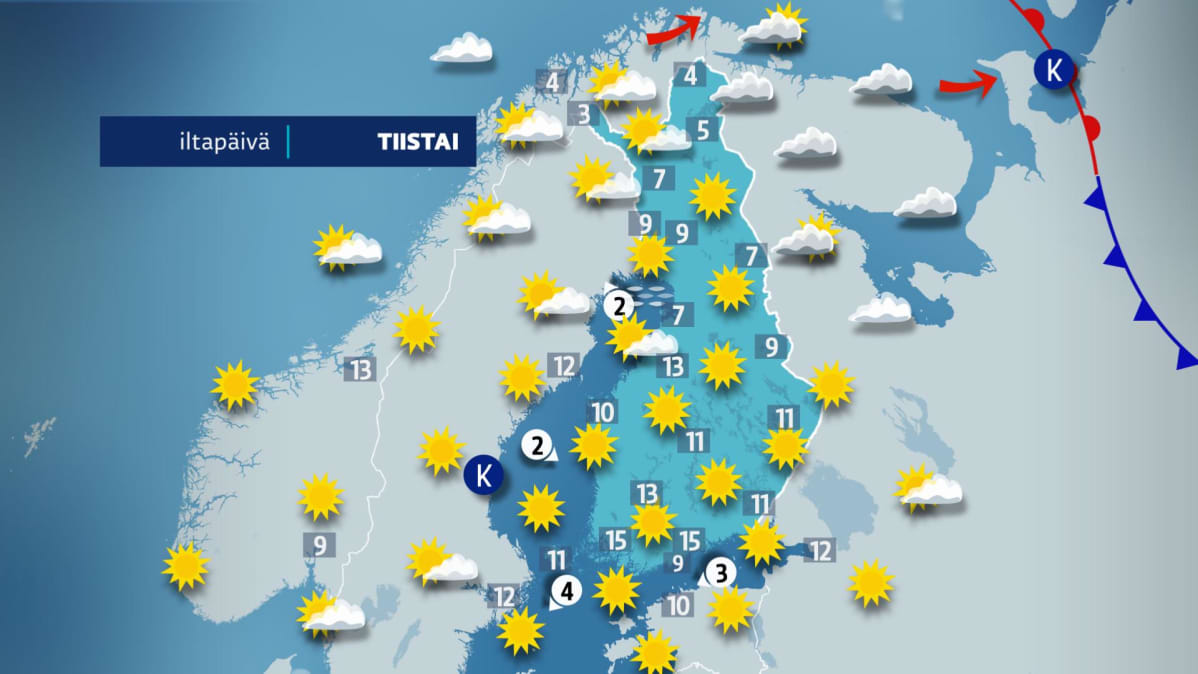 Sääennuste tiistaille 16. huhtikuuta.