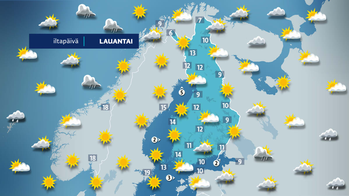 Lauantai-iltapäivän sääkartta.