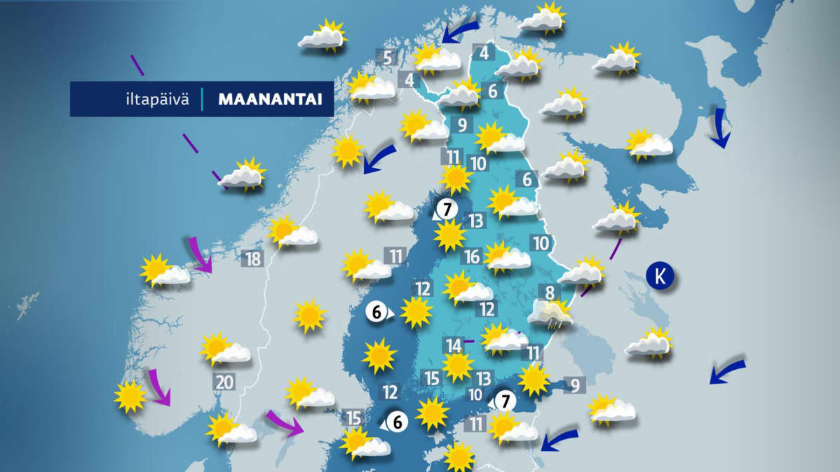 Maanantain sääkartta.