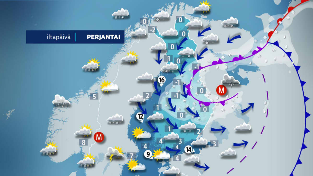 Perjantain sääkartta.