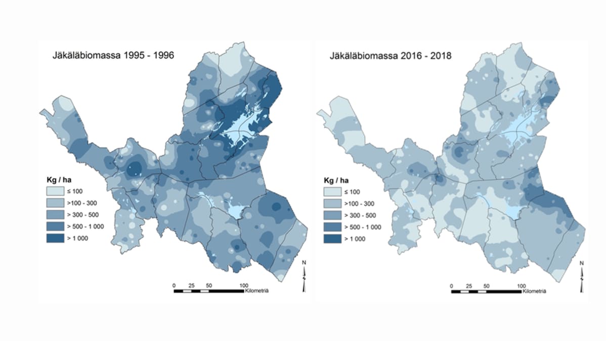 LUKEn karttagrafiikkaa porolaidunten jäkäläbiomassan vähentymisestä