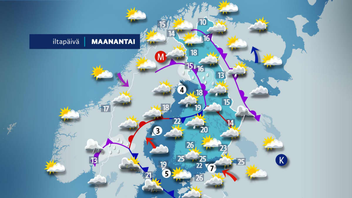 Maanantain säääkartta.