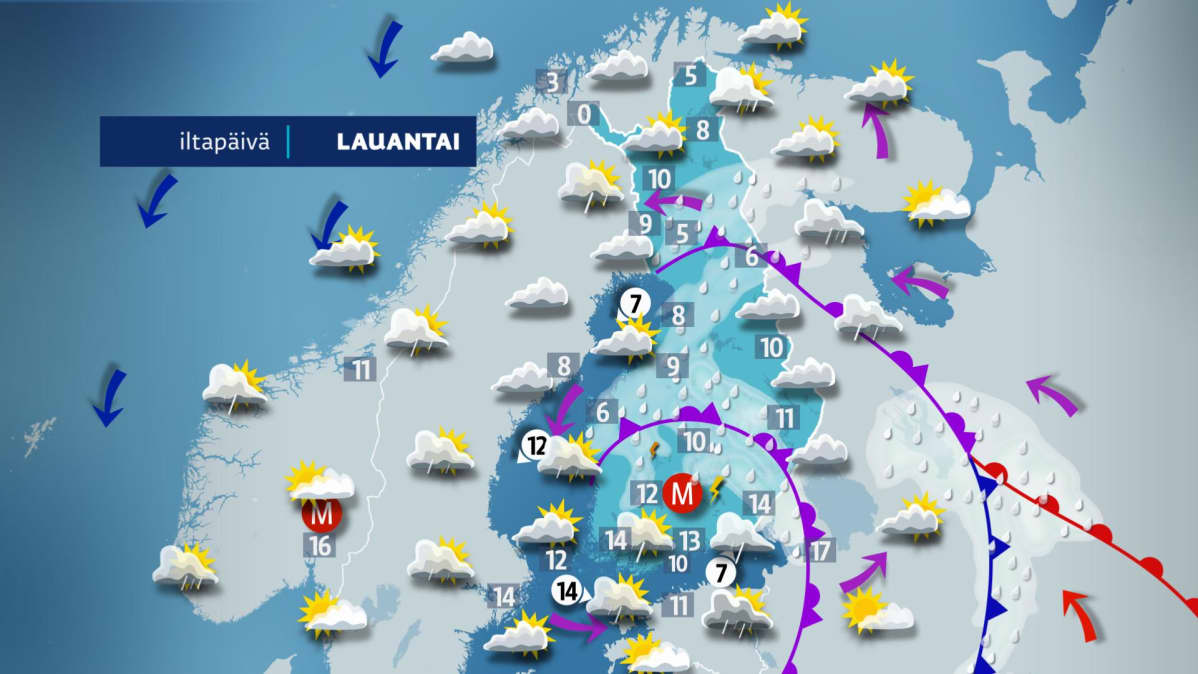 Lauantain sääkartta.