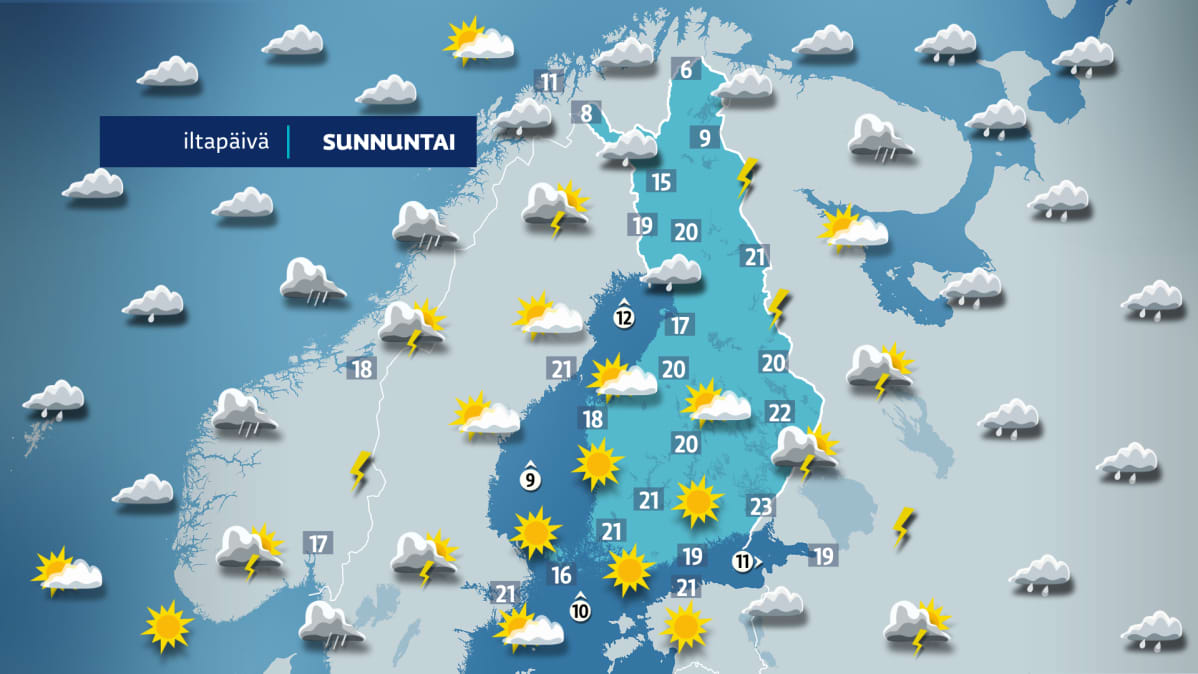 Sunnuntai-iltapäivän sää 8. kesäkuuta
