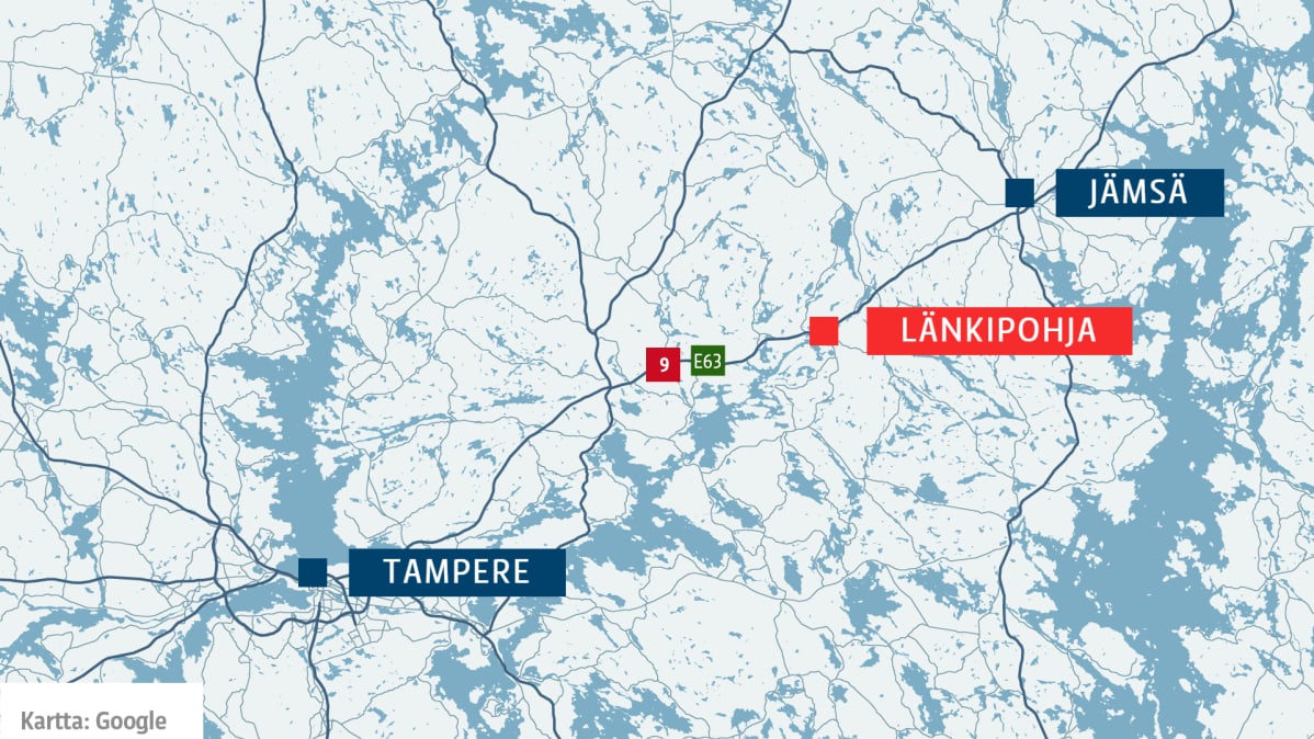 Ysitien karttareitti Jämsästä Tampereelle.
