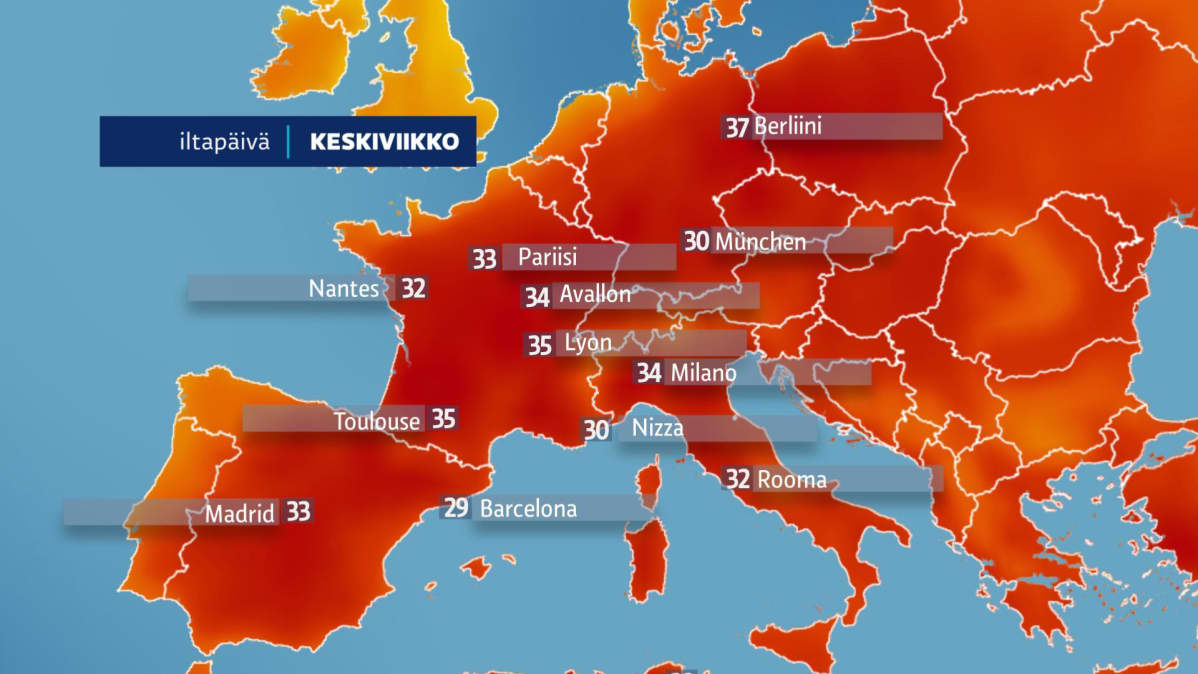 Euroopan Lämpötilat 26. kesäkuuta 2019.