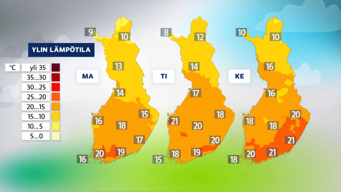 Ylin lämpötila maanantai, tiistai ja keskiviikko