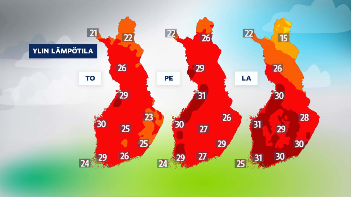 Ennusteet vuorokauden ylimmästä lämpötilasta torstaista lauantaihin.