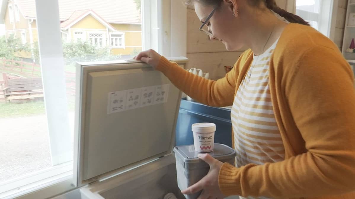 Hilma Koskinen nostaa pakastimesta Härtelöpaketteja.