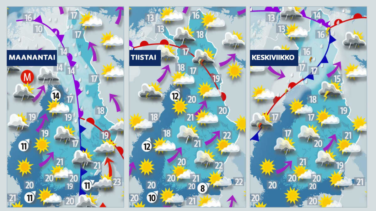 Sääkartat maanantaille, tiistaille ja keskiviikolle.