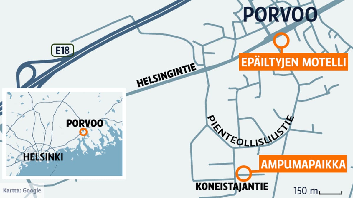 Porvoon poliisiampumisen tapahtumapaikat kartalla.
