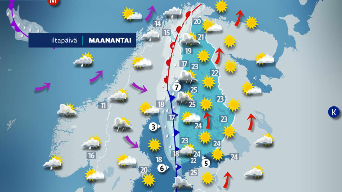 Sääennuste maanantaille 2. syyskuuta.