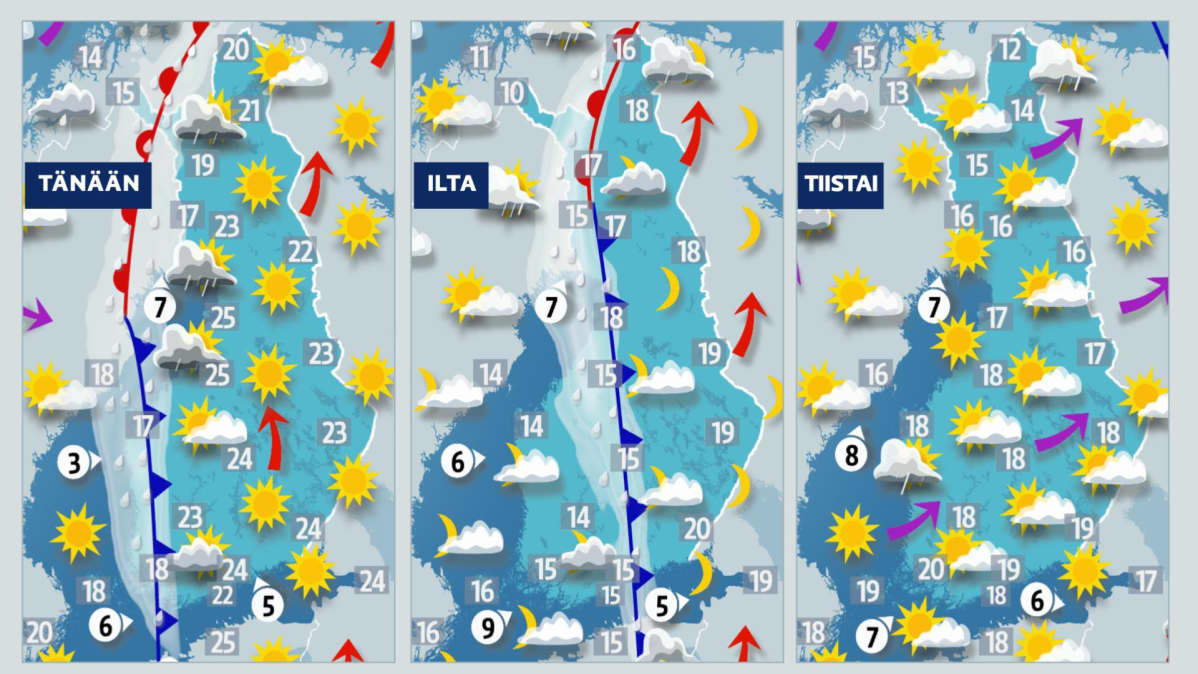 Sääennuste maanantai-iltapäivälle, illalle, sekä tiistaille.