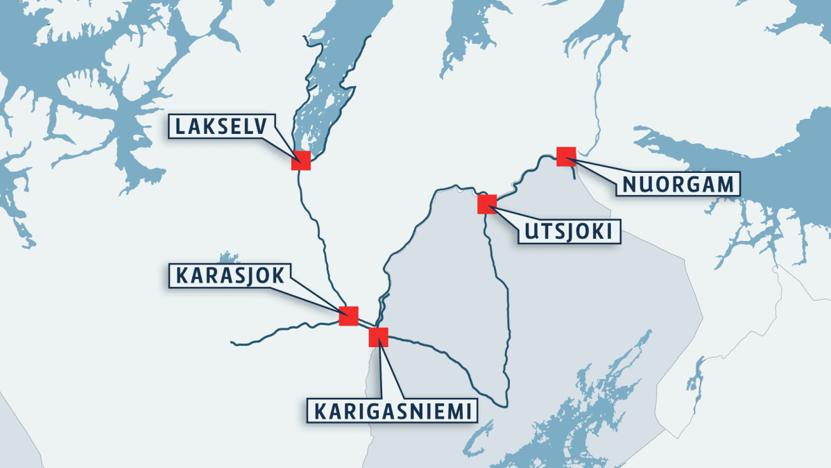 Suomen ja Norjan kirjastoauton reitti Utsjoen, Karasjoen Porsangin kunnissa.