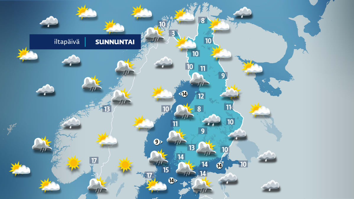 Sunnuntain sääkartta.