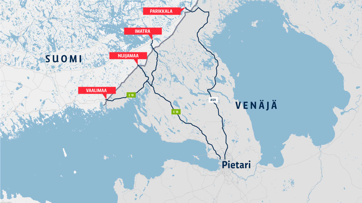 Karttagrafiikka Kaakkois-Suomen rajanylityspaikoista.