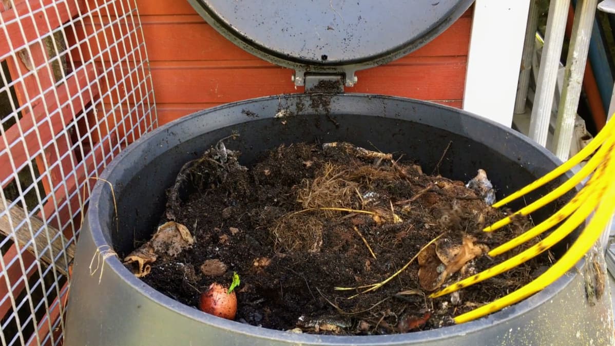 Biojätemassaa käännellään talikolla.
