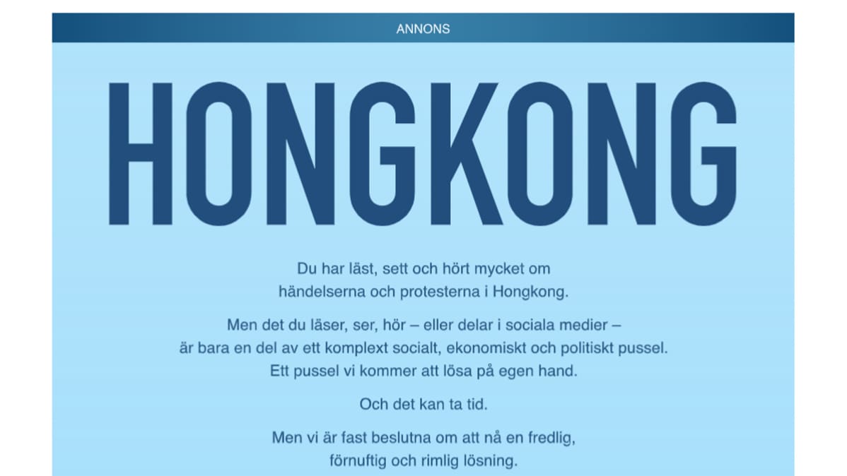 Kuvakaappaus Dagens Nyheterin mainoksesta lehdessä 20. syyskuuta.