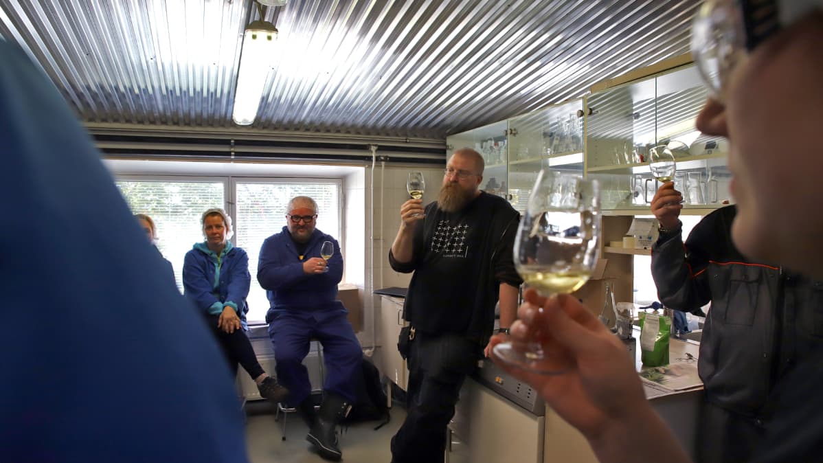 Viinituotannon ammattitutkinnon hiilihapollisten alkoholijuomien kurssilaiset maistelevat siidereitä Lepaalla.