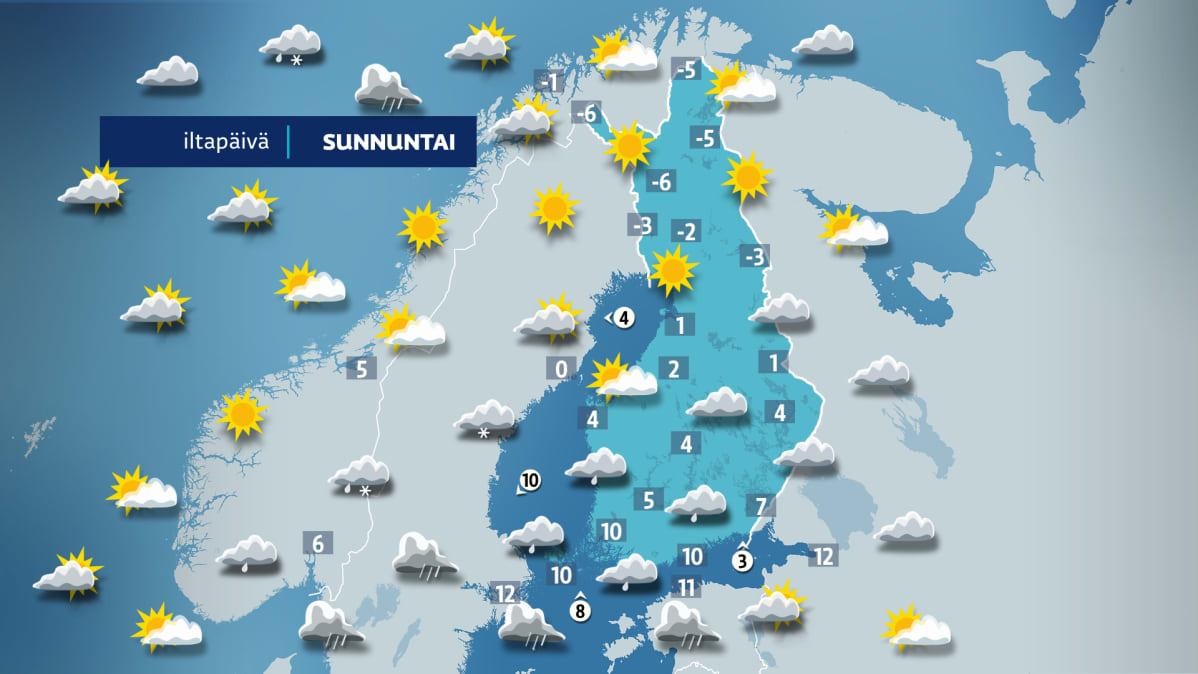 Sunnuntai-iltapäivän sääkartta
