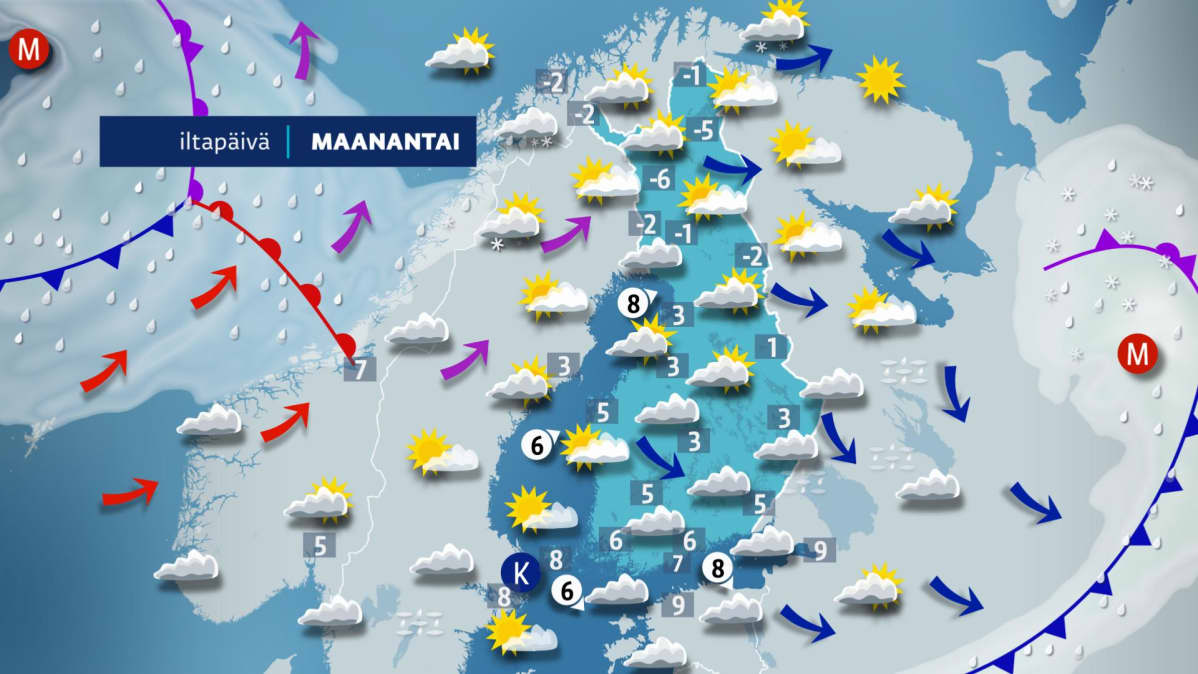 Iltapäivän sää kartalla.