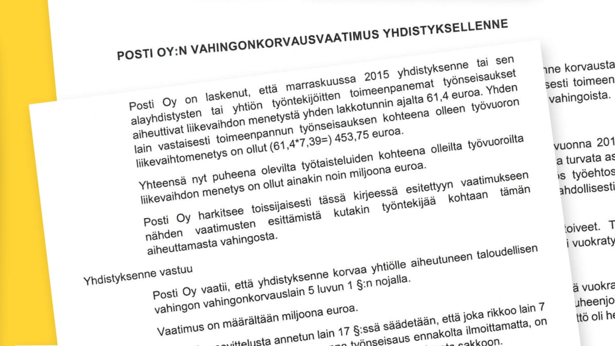 Posti Oy:n vahingonkorvausvaatimus yhdistyksellenne