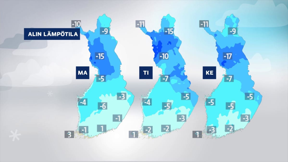 Sääennuste alimmista lämpötiloista tulevan viikon maanantaista keskiviikkoon.