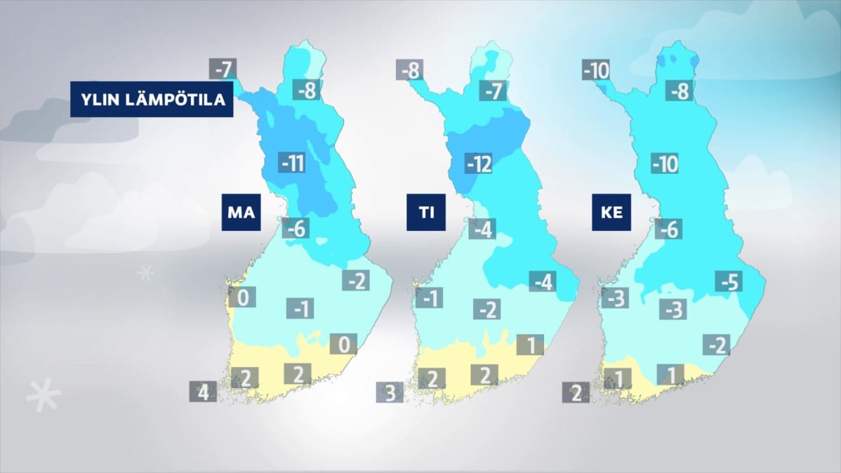 Sääennuste ylimmistä lämpötiloista tulevan viikon maanantaista keskiviikkoon.