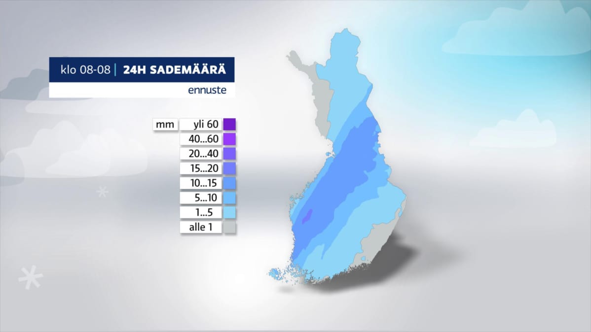 Kartta vuorokauden sademäärästä Suomessa.