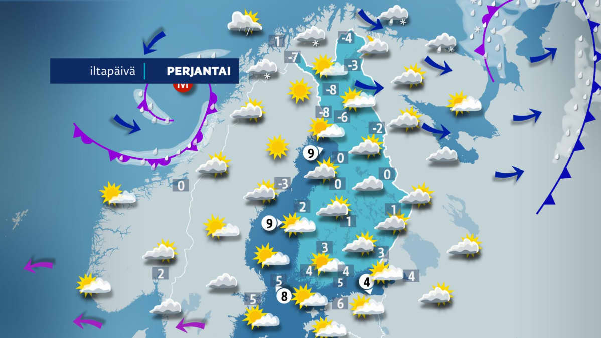 iltapäivän sää kartalla.