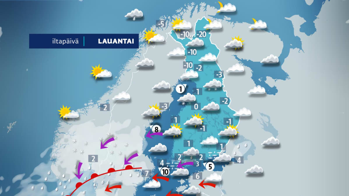 Lauantai iltapäivän sää kartalla.