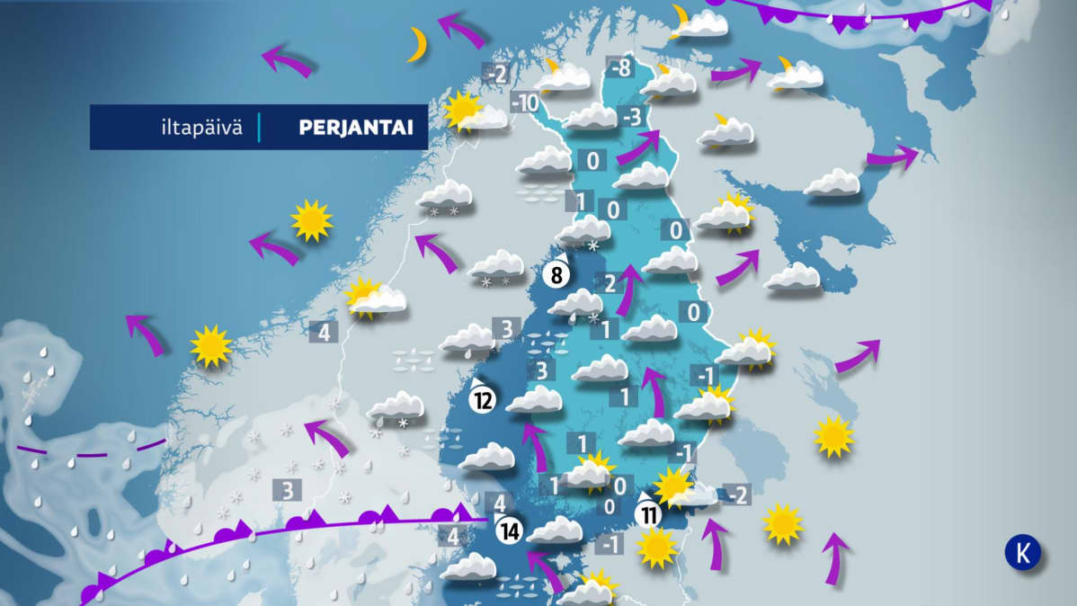 Perjantai-iltapäivän sää kartalla.