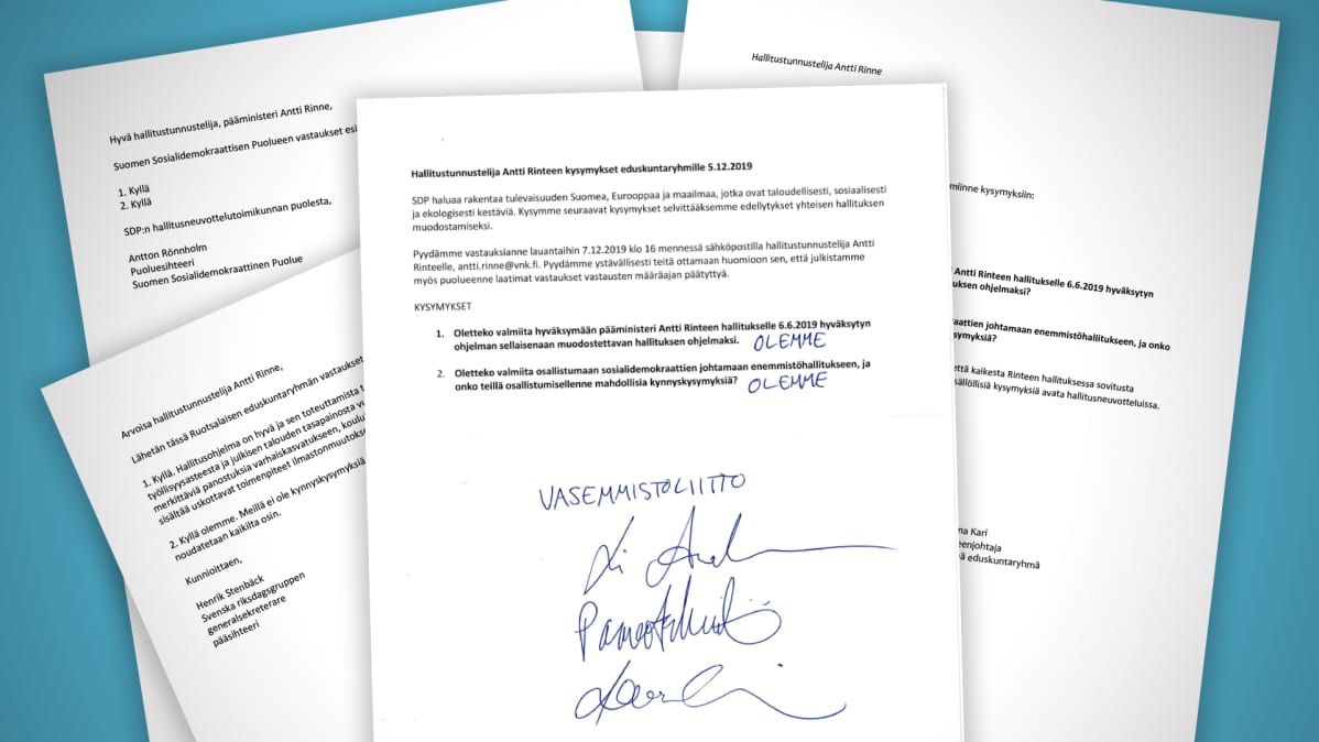 Rinteen hallituskumppaneilta saamia vastauksia