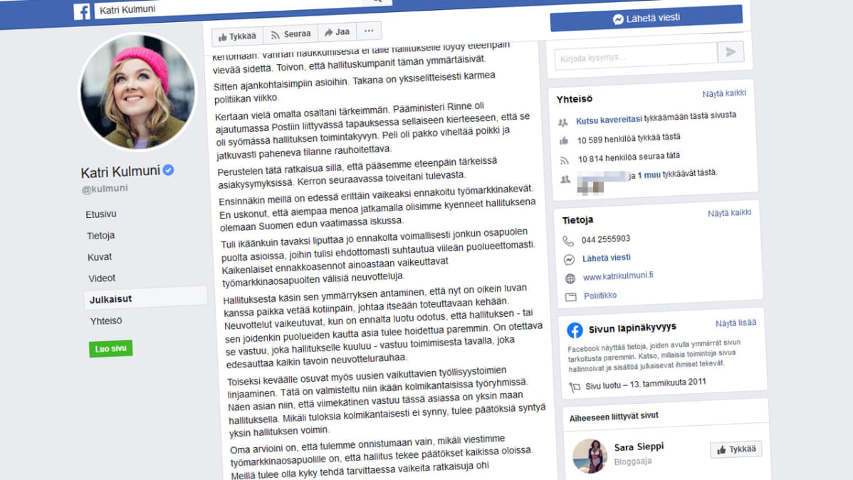 Katri Kulmunin Facebook-päivitys.