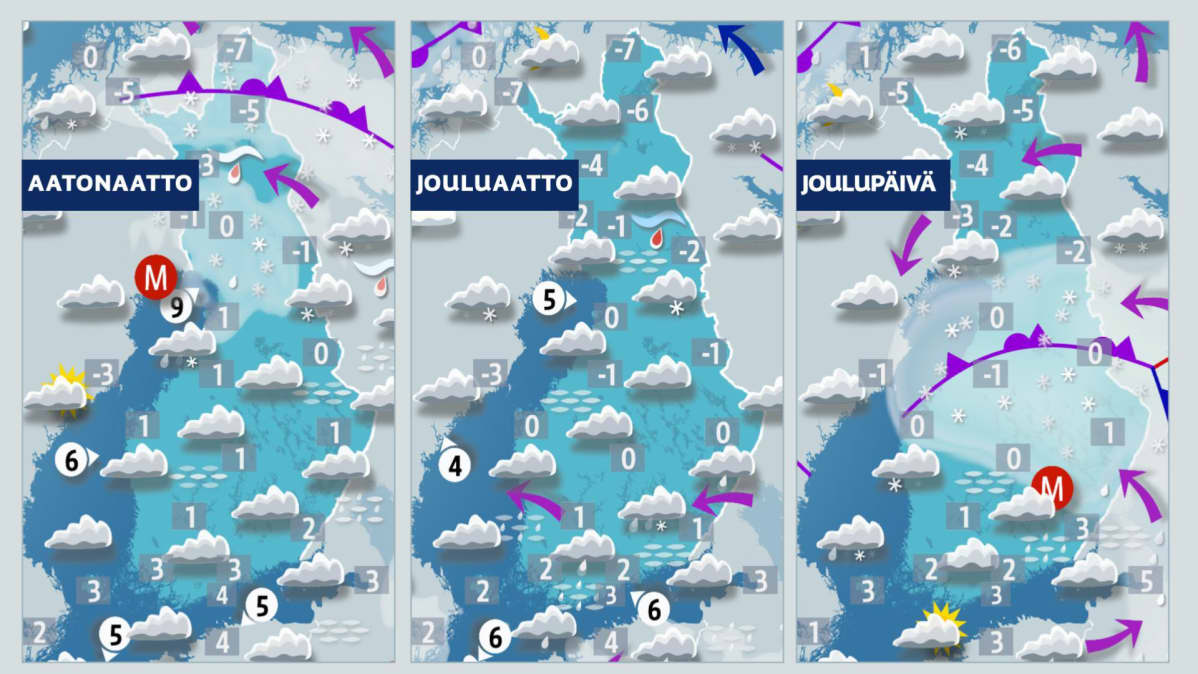 Sääennusteet maanantaista keskiviikkoon, ajalle 23.-25. joulukuuta.