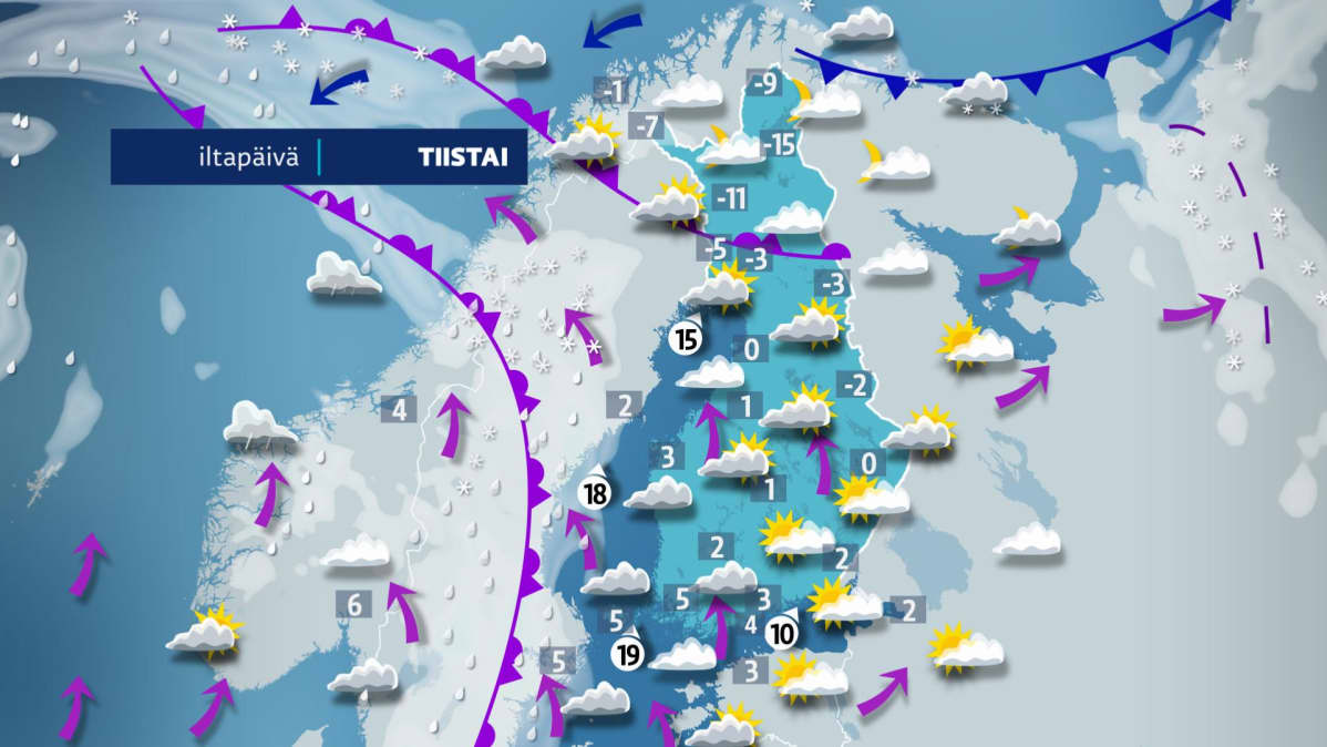 Iltapäivän sää kartalla.